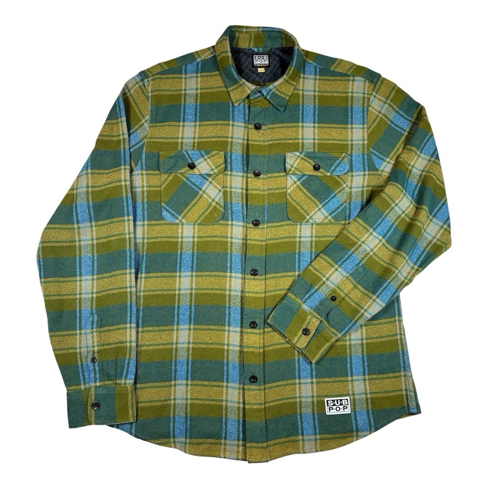 Sub Pop Oso Aberdeen Mens XL Green Blue Plaid Flannel Long Sleeve Shirt Grunge